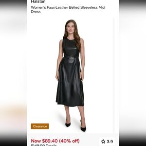 H by Halston Black Faux-Leather Belted Sleeveless Midi Dress